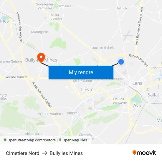 Cimetiere Nord to Bully les Mines map