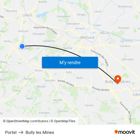 Portel to Bully les Mines map