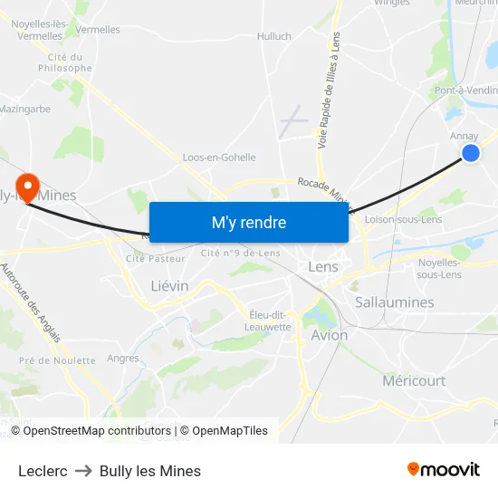 Leclerc to Bully les Mines map