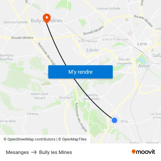 Mesanges to Bully les Mines map