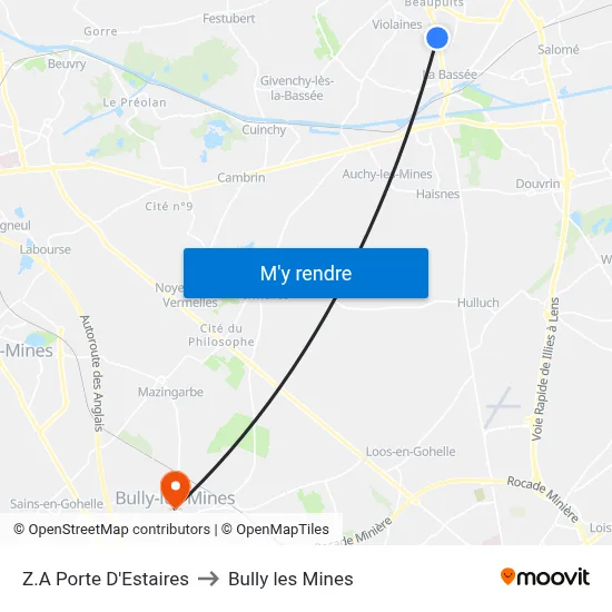 Z.A Porte D'Estaires to Bully les Mines map