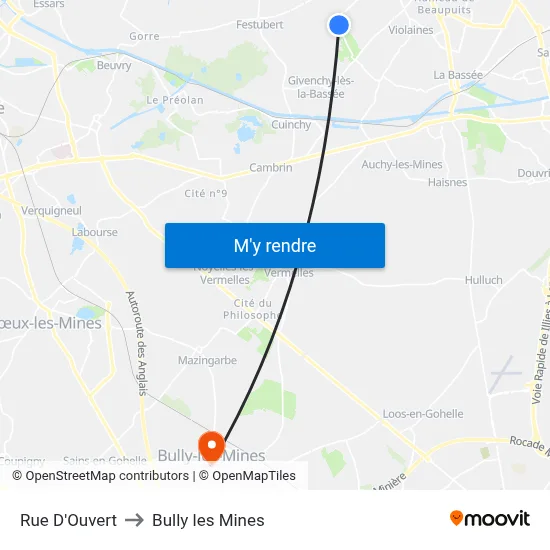 Rue D'Ouvert to Bully les Mines map