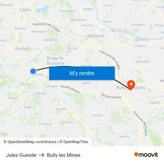 Jules Guesde to Bully les Mines map