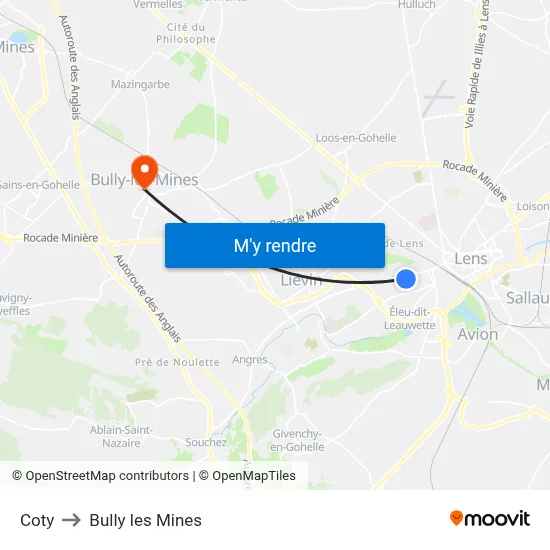 Coty to Bully les Mines map