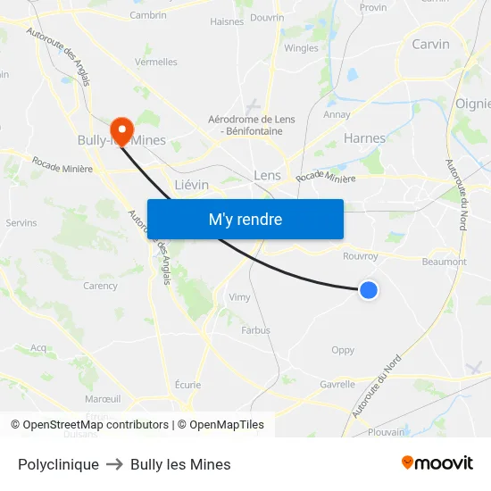 Polyclinique to Bully les Mines map