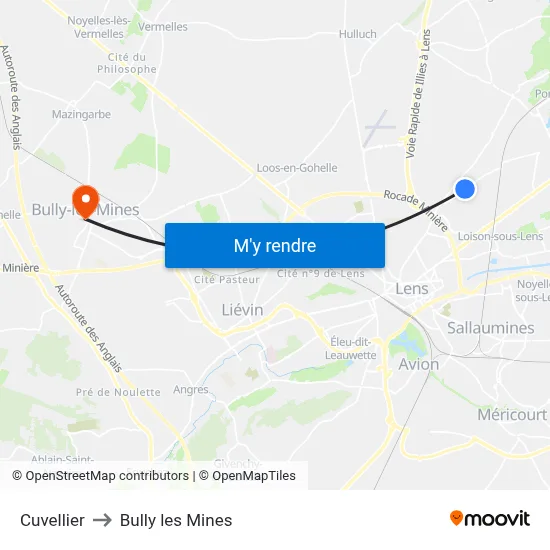Cuvellier to Bully les Mines map