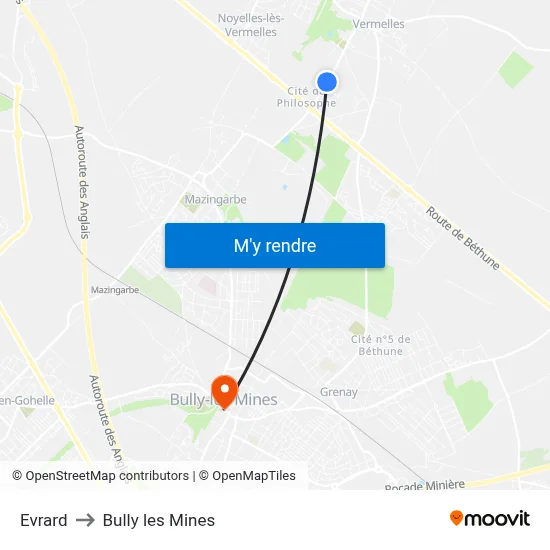 Evrard to Bully les Mines map