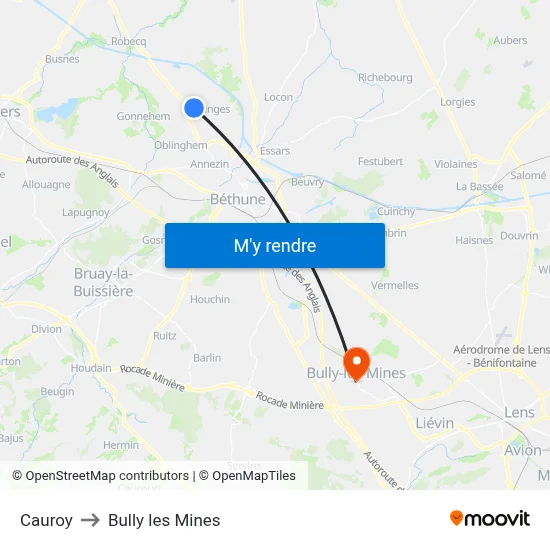 Cauroy to Bully les Mines map