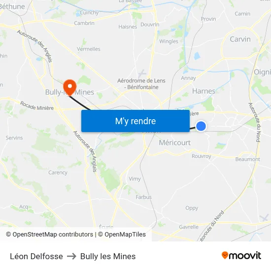 Léon Delfosse to Bully les Mines map