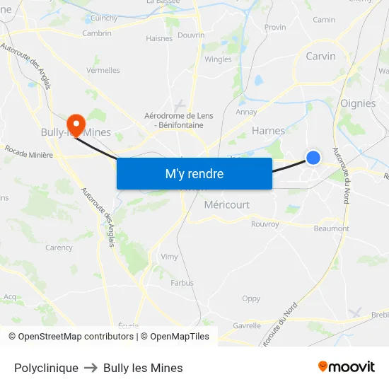Polyclinique to Bully les Mines map