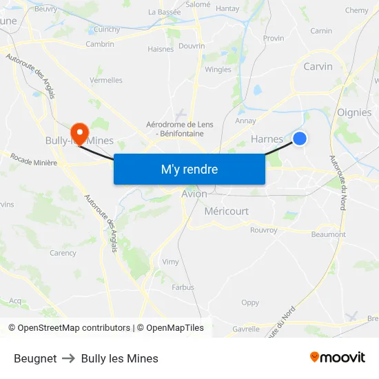 Beugnet to Bully les Mines map