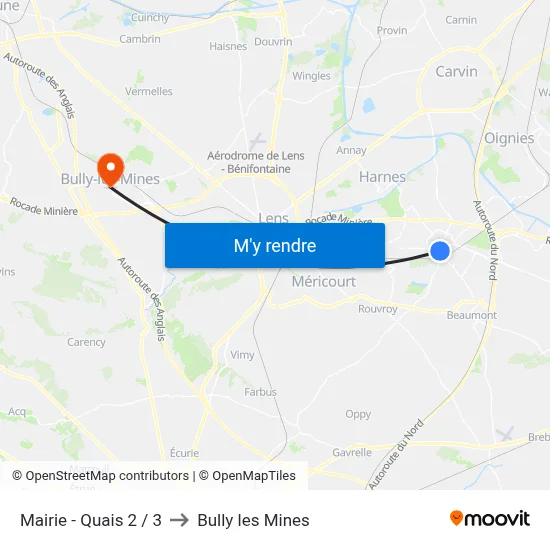 Mairie - Quais 2 / 3 to Bully les Mines map