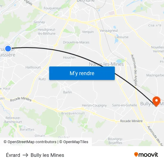 Évrard to Bully les Mines map