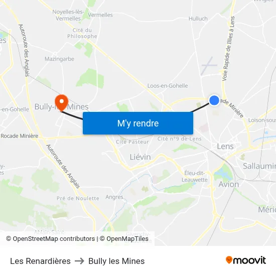Les Renardières to Bully les Mines map