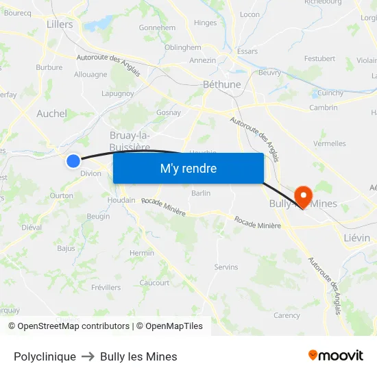 Polyclinique to Bully les Mines map