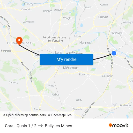 Gare - Quais 1 / 2 to Bully les Mines map