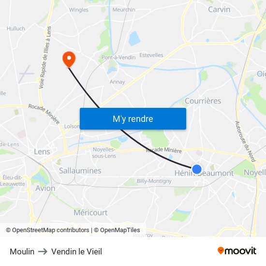 Moulin to Vendin le Vieil map