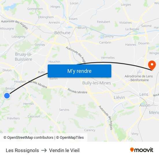 Les Rossignols to Vendin le Vieil map