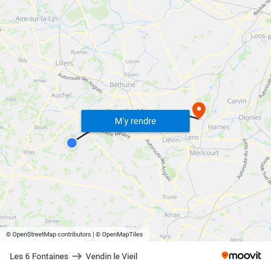 Les 6 Fontaines to Vendin le Vieil map