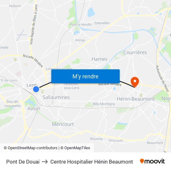 Pont De Douai to Centre Hospitalier Hénin Beaumont map