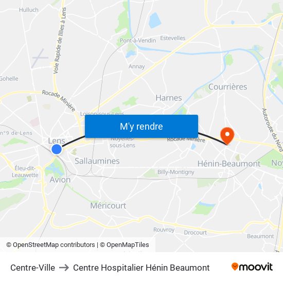Centre-Ville to Centre Hospitalier Hénin Beaumont map