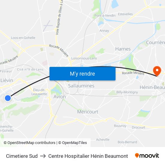 Cimetiere Sud to Centre Hospitalier Hénin Beaumont map