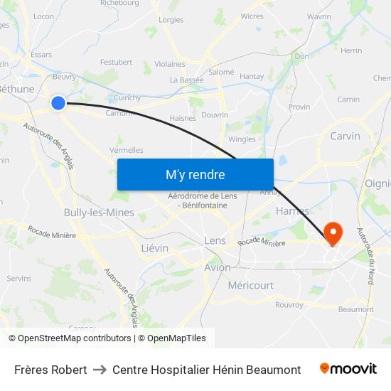 Frères Robert to Centre Hospitalier Hénin Beaumont map