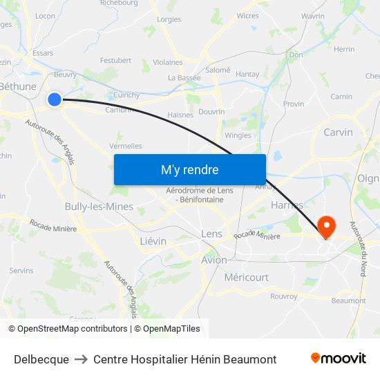 Delbecque to Centre Hospitalier Hénin Beaumont map