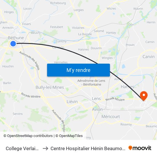 College Verlaine to Centre Hospitalier Hénin Beaumont map