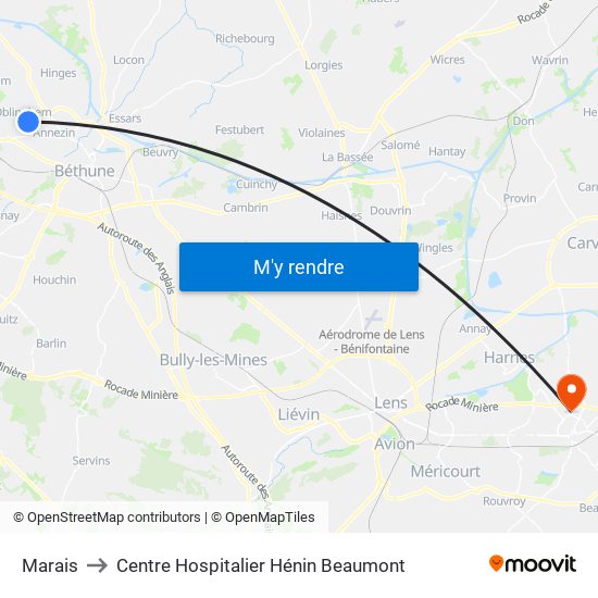 Marais to Centre Hospitalier Hénin Beaumont map