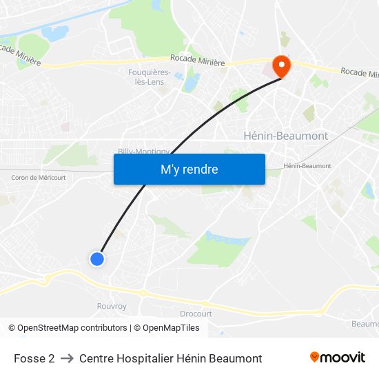 Fosse 2 to Centre Hospitalier Hénin Beaumont map