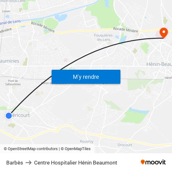 Barbès to Centre Hospitalier Hénin Beaumont map