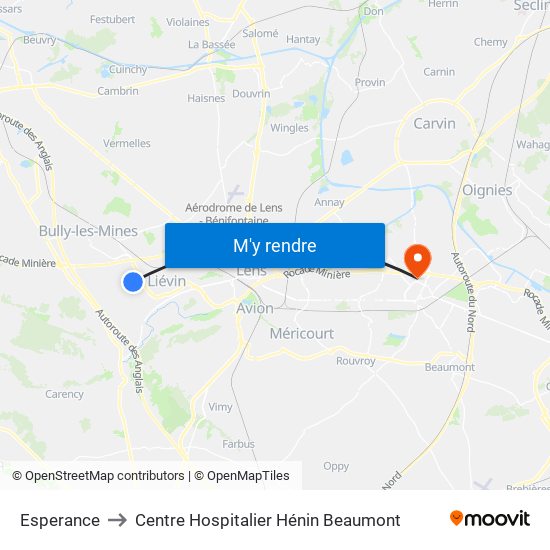 Esperance to Centre Hospitalier Hénin Beaumont map