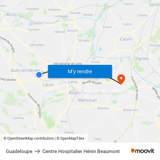 Guadeloupe to Centre Hospitalier Hénin Beaumont map
