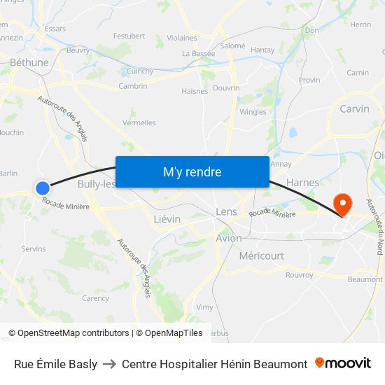 Rue Émile Basly to Centre Hospitalier Hénin Beaumont map