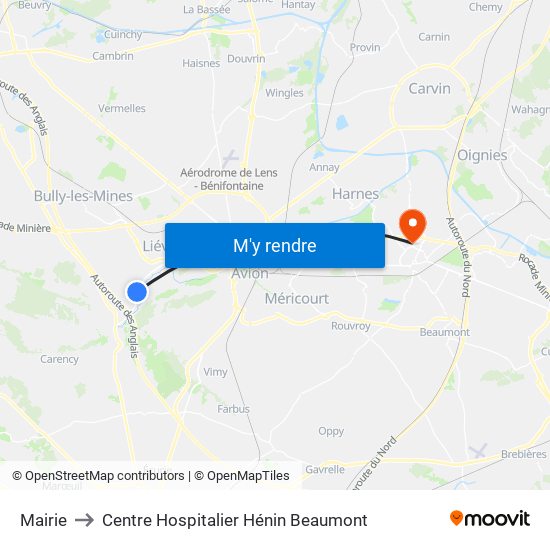 Mairie to Centre Hospitalier Hénin Beaumont map