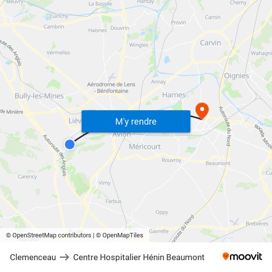 Clemenceau to Centre Hospitalier Hénin Beaumont map