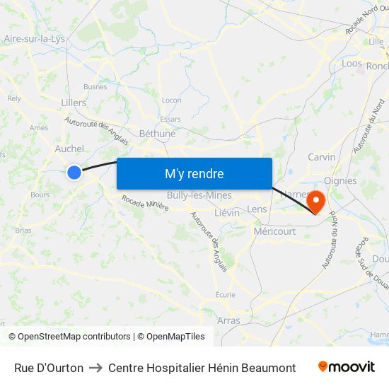 Rue D'Ourton to Centre Hospitalier Hénin Beaumont map