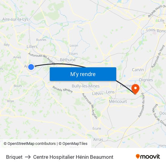 Briquet to Centre Hospitalier Hénin Beaumont map