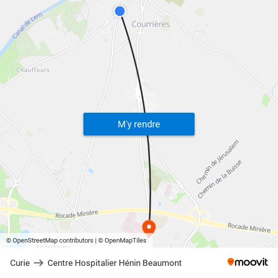 Curie to Centre Hospitalier Hénin Beaumont map