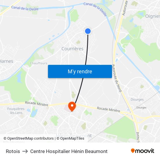Rotois to Centre Hospitalier Hénin Beaumont map