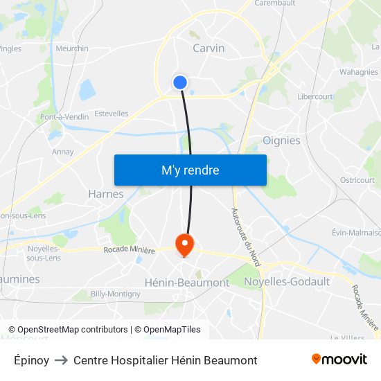 Épinoy to Centre Hospitalier Hénin Beaumont map