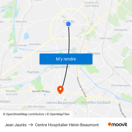 Jean Jaurès to Centre Hospitalier Hénin Beaumont map