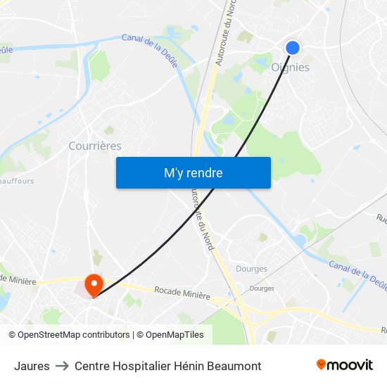 Jaures to Centre Hospitalier Hénin Beaumont map