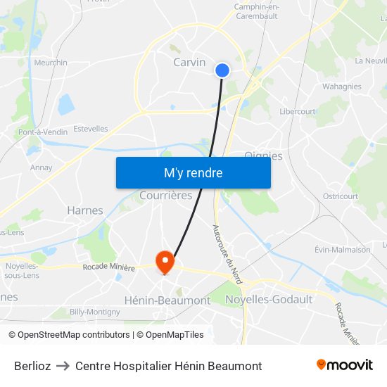 Berlioz to Centre Hospitalier Hénin Beaumont map