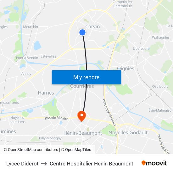 Lycee Diderot to Centre Hospitalier Hénin Beaumont map