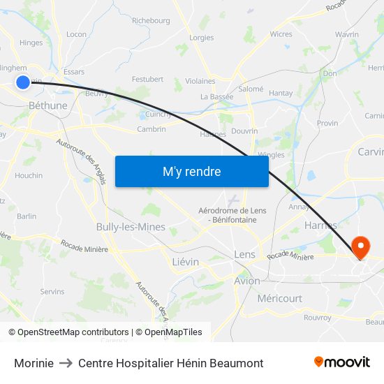 Morinie to Centre Hospitalier Hénin Beaumont map