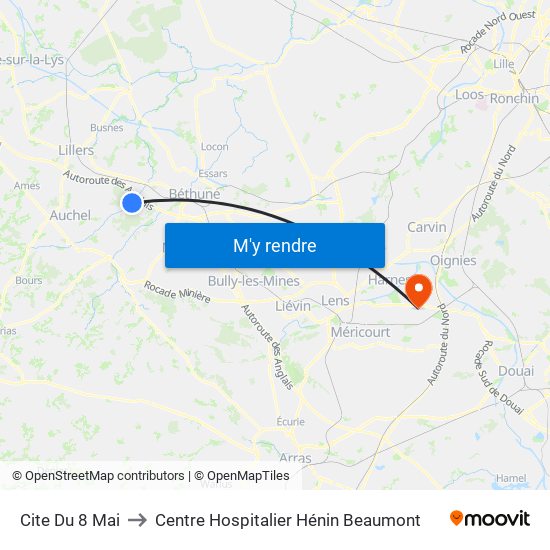 Cite Du 8 Mai to Centre Hospitalier Hénin Beaumont map