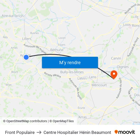 Front Populaire to Centre Hospitalier Hénin Beaumont map