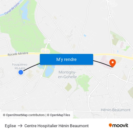 Eglise to Centre Hospitalier Hénin Beaumont map